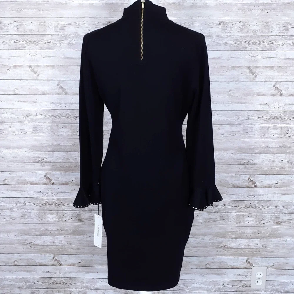 Calvin Klein Knit Dress PL Ruffle Sleeve Black 318 - Picture 4 of 7